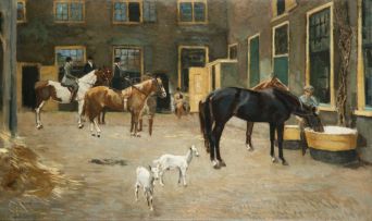 Frans Oerder; Horses and Riders in a Courtyard
