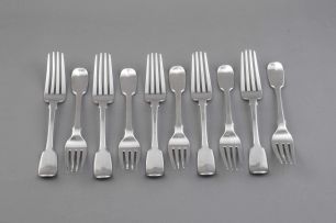 Ten Cape silver Fiddle pattern table forks, William Moore, mid 19th century