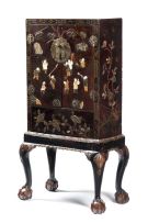 A Chinese lacquer hardstone-inlaid hardwood cabinet-on-stand, late 19th century