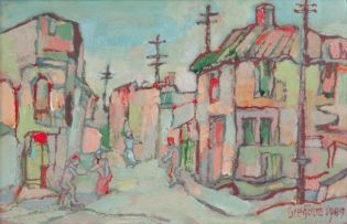 Gregoire Boonzaier; A Street with Four Figures and Four Lamposts, District Six