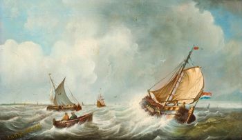 Style of Johannes Hermanus Barend Koekkoek; Dutch Ships in a Choppy Sea
