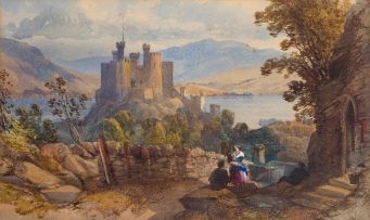 James Burrell Smith; A Scottish Landscape with Figures and a Castle
