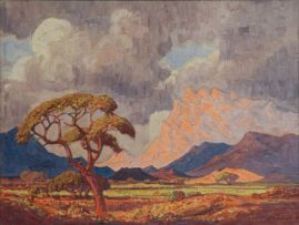 Jacob Hendrik Pierneef; A Mountain Landscape with an Acacia Tree