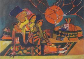 Speelman Mahlangu; Three African Figures Resting Outside a Hut
