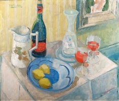 Stanley Pinker; Still Life with Wine, Lemons and a Jug