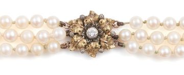 Cultured pearl, gold and diamond necklace, the clasp by Buccellati