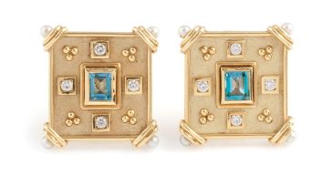 Aquamarine, diamond and pearl earrings, designed by Kurt Baldinger,1996