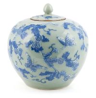 A Chinese underglaze-blue and celadon-glazed jar and cover, Qing Dynasty, 19th century
