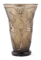 A large engraved and carved smokey brown glass vase, 1930s