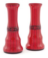 A pair of Loetz red and black-etched glass vases, Austria, 1920s