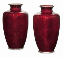 A pair of Japanese ginbari pigeon blood enamel vases, early 20th century