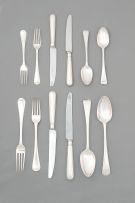 An assembled set of George III Old English Thread pattern silver flatware, various makers and dates, including Richard Crossley, William Eley and William Fearn, 1785-1804