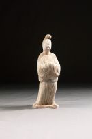 A Chinese painted pottery figure of a fat court lady, Tang Dynasty