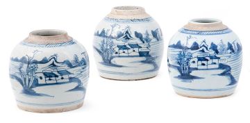 A set of three Chinese blue and white jars, Qing Dynasty, early 19th century