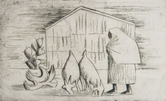 Peter Clarke; A Figure and Goats Near a Barn