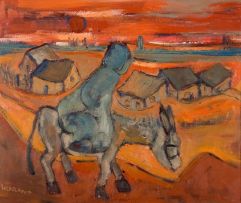 Frans Claerhout; A Figure on a Donkey Approaching a Village