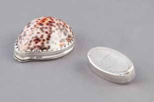 A Cape silver-mounted cowrie shell snuff box, maker's mark ID between two stars, late 18th century