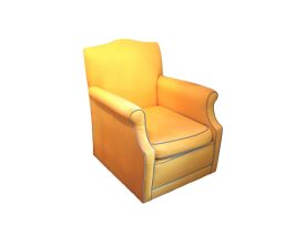 A yellow linen upholstered armchair