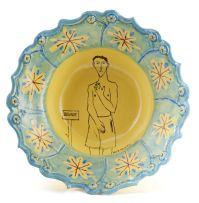 A Hylton Nel yellow and blue glazed bowl, signed and dated 8.10.2001