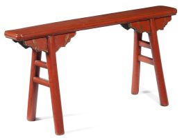 A Chinese elm and red lacquered stool, 19th century