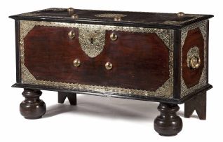 A Dutch Colonial teak, ebony and brass-mounted chest, 18th century, possibly Ceylonese
