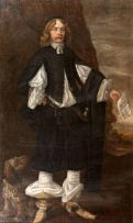 Circle of Bartholomeus van der Helst; Portrait of a gentleman, possibly Laurence Sverdrup, full-length, in a black and white costume, holding a letter in his left hand, a dog at his feet
