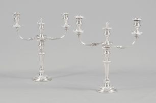 A pair of electroplate three-light candelabra, 19th century