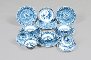 A set of six Chinese blue and white teabowls and six saucers, Qing Dynasty, Kangxi, 17th century
