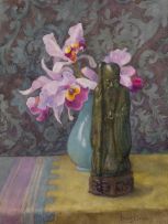 Frans Oerder; A Still Life with an Oriental Figure and Orchids