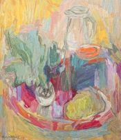 May Hillhouse; Still Life with Vegetables on a Tray and a Jug