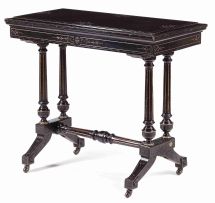 A Victorian Aesthetic Movement ebonized and parcel-gilt card table by James Shoolbred & Co, late 19th century
