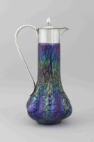 A Pallme-König iridescent glass electroplate-mounted claret jug, circa 1900