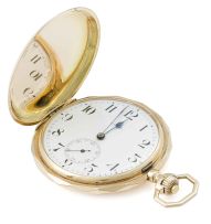 Gold hunting cased keyless lever watch, Omega