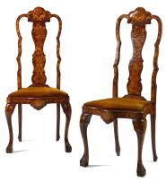 A pair of Dutch marquetry and walnut side chairs, late 19th century