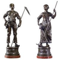 A pair of French bronze models, 'Faneuse' and 'Faucheur', Edouard Drouot (1859-1945)