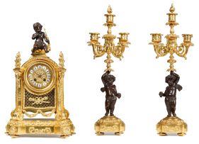 A gilt-metal and bronzed clock garniture, late 19th century