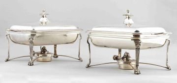 A pair of electroplated entrée dishes and covers on stands, Walker & Hall