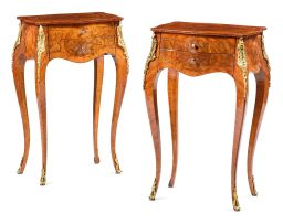 A pair of Louis XV style walnut veneered, inlaid and gilt-metal mounted side tables