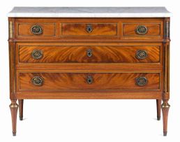A French Louis XVI style marble-topped mahogany and brass-inlaid commode, circa 1900