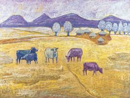 Sam Nhlengethwa; Cows in a Rural Landscape