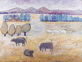 Sam Nhlengethwa; Cows and Sheep in a Rural Landscape