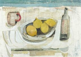 Cecil Skotnes; Still Life with Lemons and a Wine Bottle