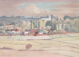 Jacob Hendrik Pierneef; Landscape with Ploughed Fields, a Village Beyond