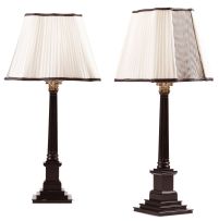 A pair of ebonised sycamore and silver-metal Corinthian table lights, designed by Linley, Belgravia, modern