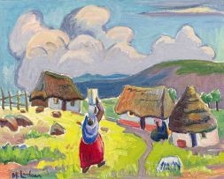 Maggie Laubser; Landscape with Huts and Water Carrier