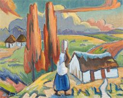Maggie Laubser; Landscape with Huts, Trees and a Water Carrier Going Home