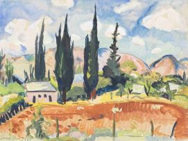 Irma Stern; A Farmhouse with Cypress Trees