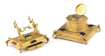 An early Victorian engraved gilt-metal and hardstone-mounted inkstand and pen-rest, circa 1839