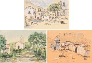 Gregoire Boonzaier; Street with Tree; Church in Lane; and Tenements and Cupola below Table Mountain, District Six, three