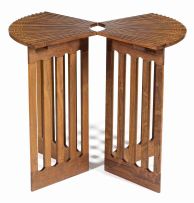 A pair of rosewood and satinwood fan-shaped side tables, Alan Peters, OBE, (1933-2009), designed in 1989
